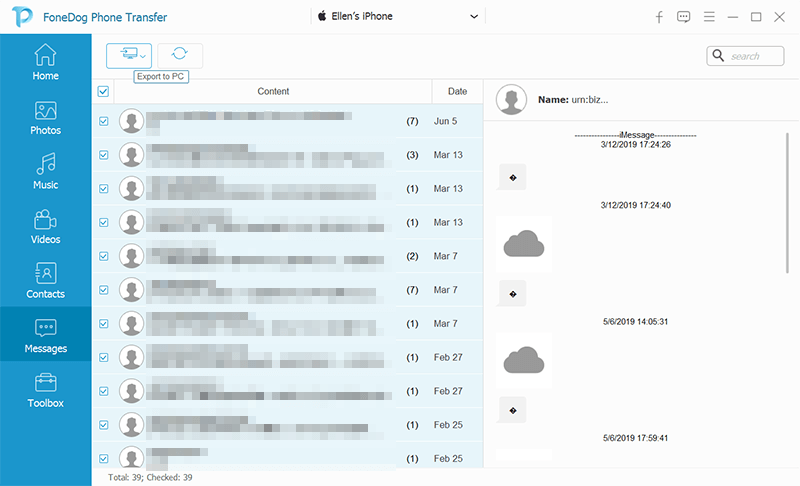 匯出 iMessage 對話並將其傳輸到另一個裝置：FoneDog 電話傳輸 - 匯出