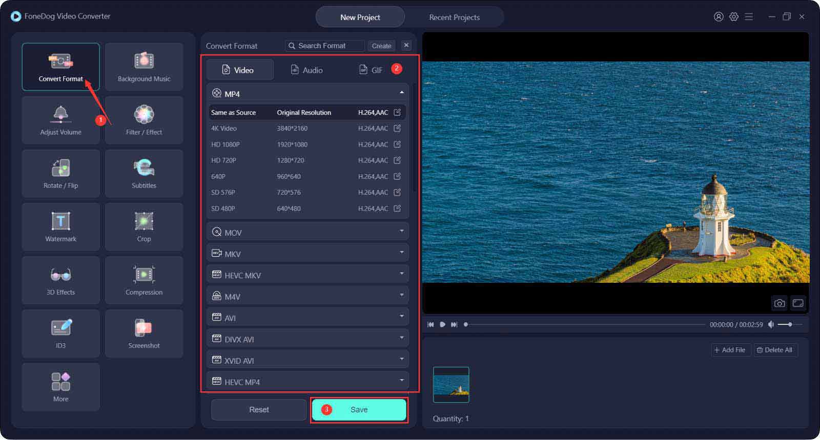 結合 GoPro 視頻的最佳視頻轉換器 - FoneDog 視頻轉換器：選擇格式