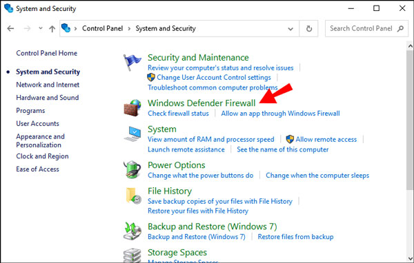 選擇 Windows Defender 防火牆