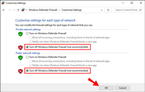 勾選關閉 Windows Defender 防火牆