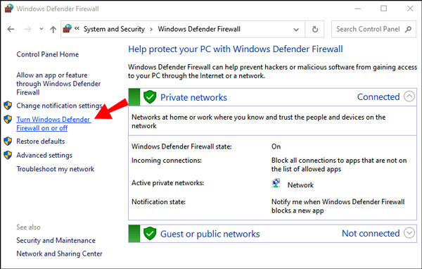 單擊打開或關閉 Windows Defender 防火牆