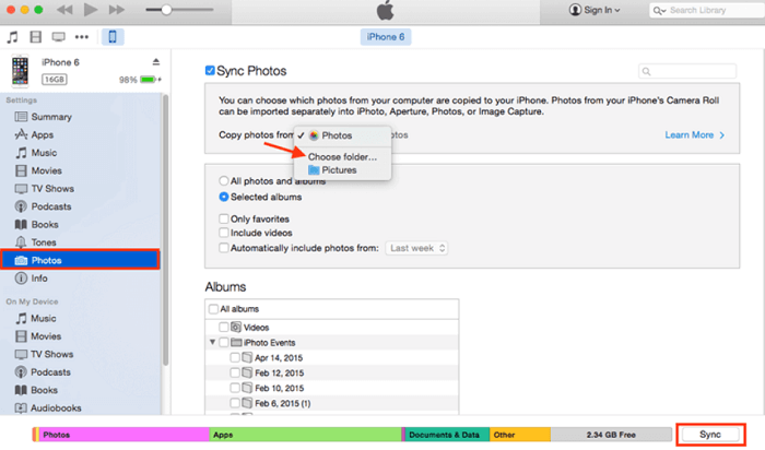 使用 iTunes 將照片從舊 iPhone 傳輸到新 iPhone