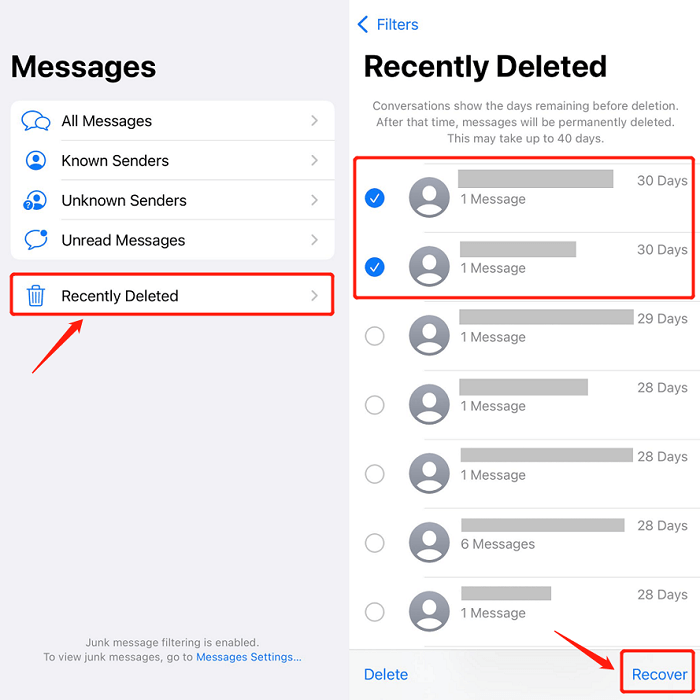 使用最近刪除的資料夾恢復 iPhone 上永久刪除的短信