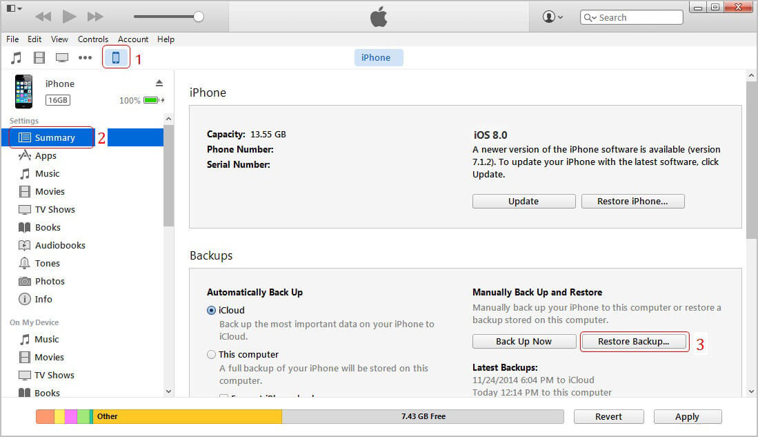 恢復呼叫歷史備份，iTunes的iphone