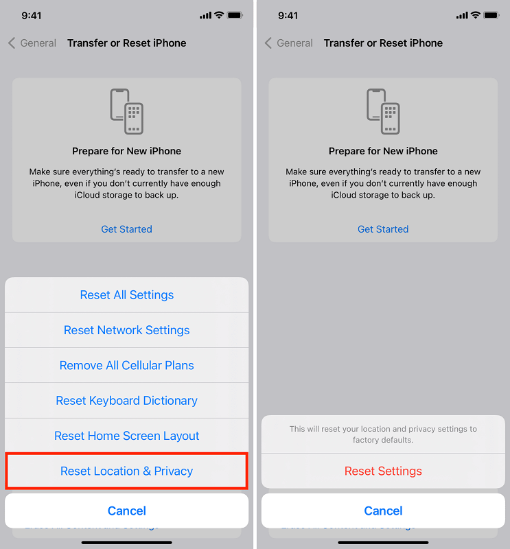 當 iPhone DCIM 文件夾為空未在計算機上顯示時重置位置和隱私