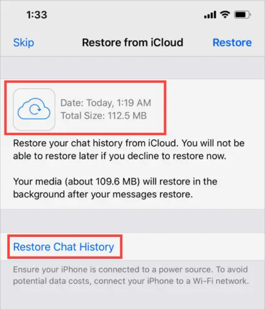 從 iCloud 備份還原 WhatsApp