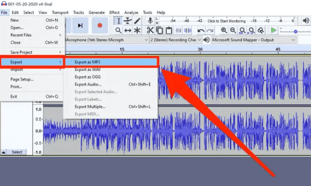 使用 Audacity 工具將 AIF 轉換為 MP3