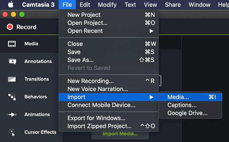 單擊文件並導入，然後單擊 Camtasia 中的媒體