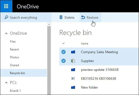 從 OneDrive 回收站恢復文件