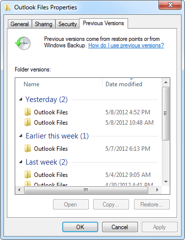 恢復以前的版本以恢復 Outlook 中已刪除的 PST 文件