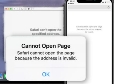 由於地址無效，Safari 無法打開頁面的錯誤截圖