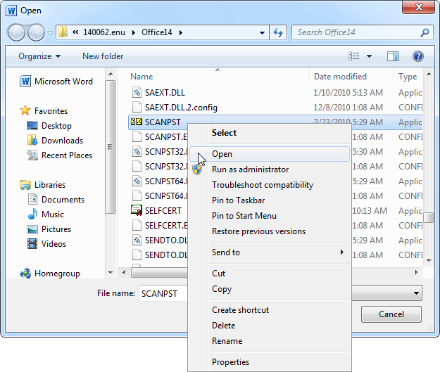使用收件箱修復工具打開 Scanpst.exe