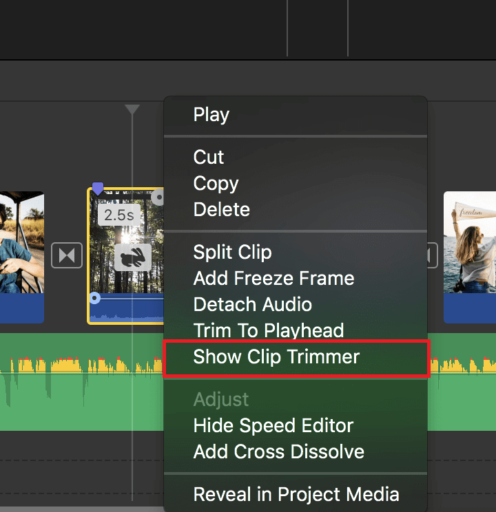 單擊顯示剪輯修剪器將 YouTube 視頻放入 iMovie