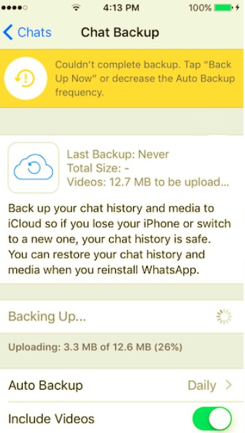 WhatsApp 備份失敗，因為 iCloud 無法完成備份