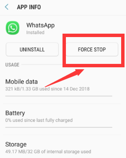 強制應用程序停止修復 WhatsApp 備份卡在 Android 上